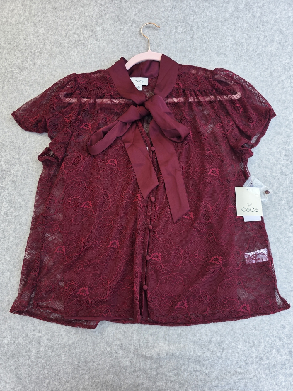 CeCe Lace Burgundy/Wine Red Bow-Front Blouse Size Medium NWT
